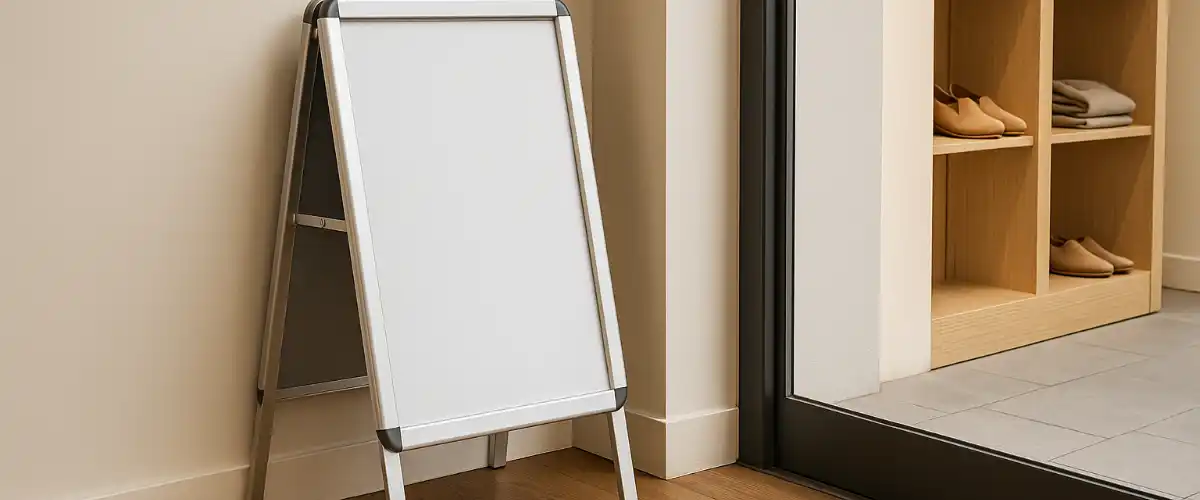 Kundenstopper platzsparend zusammenklappen