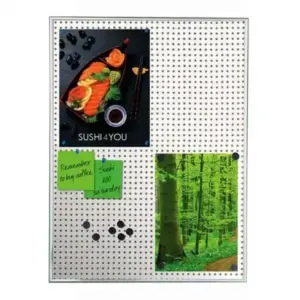 Informationstafel für 6 Blätter A4, Stahl-Korkrückplatte, silber Pin + Magnet mit Bildern